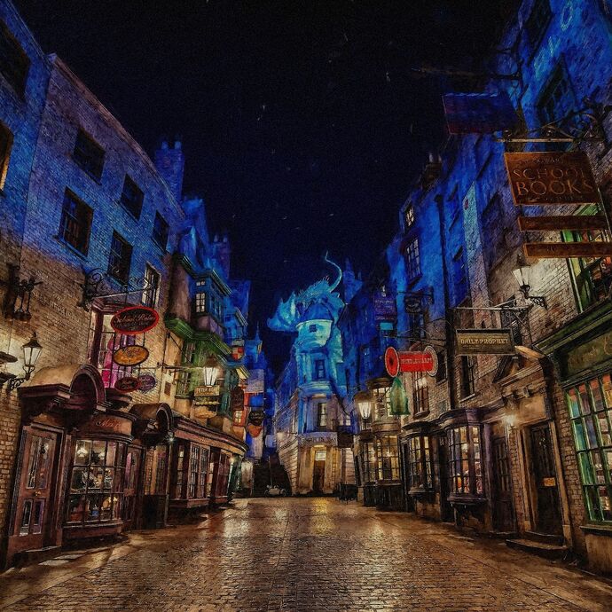 front view of the Diagon Alley filming set at Harry Potter Studio Tour